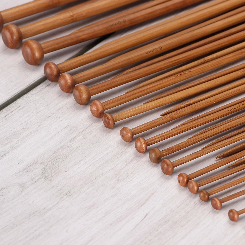 QJH Bamboo Knitting Needle Set-18 Pairs of Wooden Straight Knitting Needles-Single Pointed in Sizes 2-10mm -Beginners to Experts