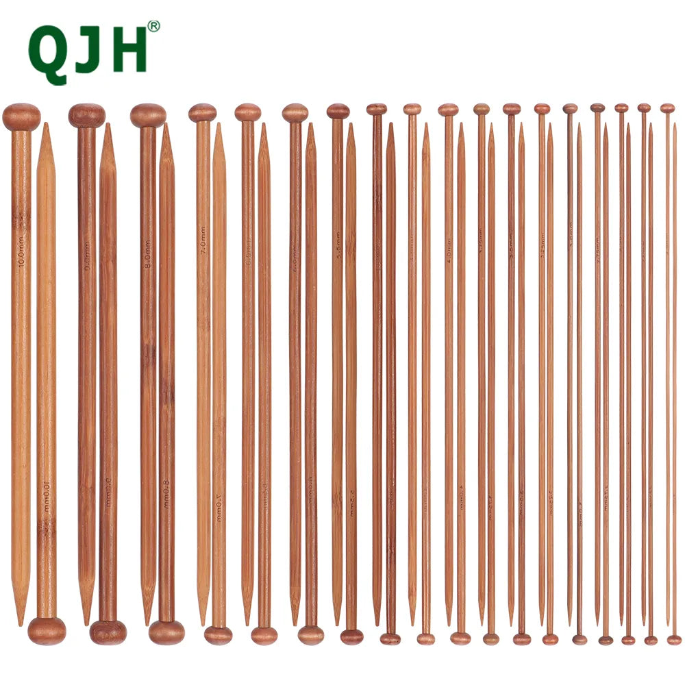 QJH Bamboo Knitting Needle Set-18 Pairs of Wooden Straight Knitting Needles-Single Pointed in Sizes 2-10mm -Beginners to Experts