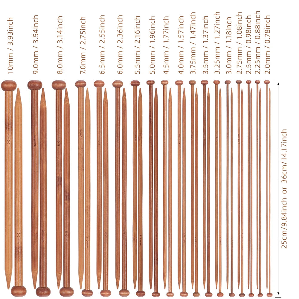 QJH Bamboo Knitting Needle Set-18 Pairs of Wooden Straight Knitting Needles-Single Pointed in Sizes 2-10mm -Beginners to Experts