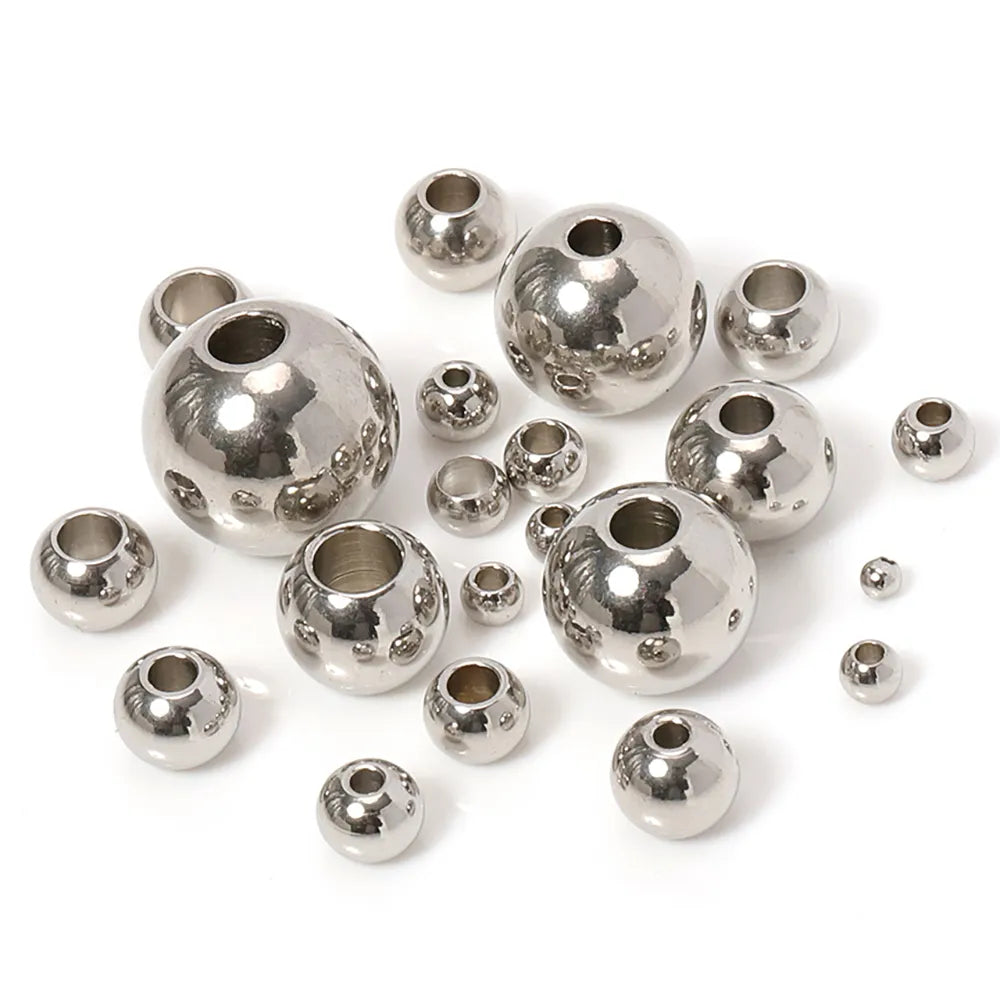 100pcs 2 mm-12 mm 316L Stainless Steel Beads European Ball Metal Big Hole Spacer Beads for Jewelry Making Diy Bracelet Necklace