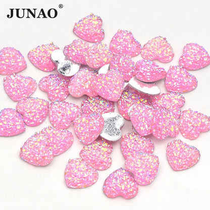 JUNAO 12mm 100pcs Glitter Silver Heart Rhinestone Applique Flatback Crystal Stones Resin Gems Non Hotfix Strass for Decoration