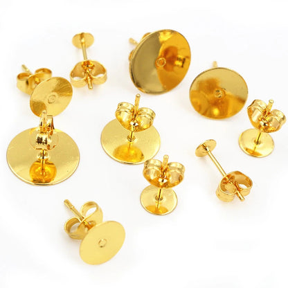 50-100pcs/lot Gold Stainless Steel Earring Studs Blank Post Base Pins With Earring Plug Findings Ear Back For DIY Jewelry Making