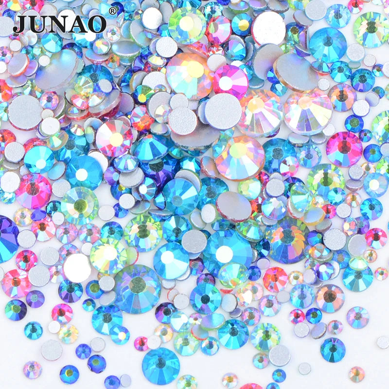 JUNAO 1400pc Mix Size Shiny AB Crystals Glass Nail Rhinestone Flatback Stone Decoration Nail Sticker Non Hot Fix Strass Ongle