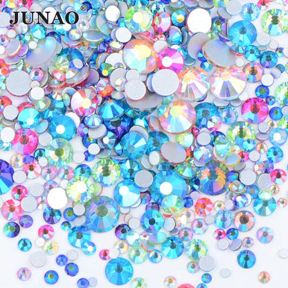 JUNAO 1400pc Mix Size Shiny AB Crystals Glass Nail Rhinestone Flatback Stone Decoration Nail Sticker Non Hot Fix Strass Ongle