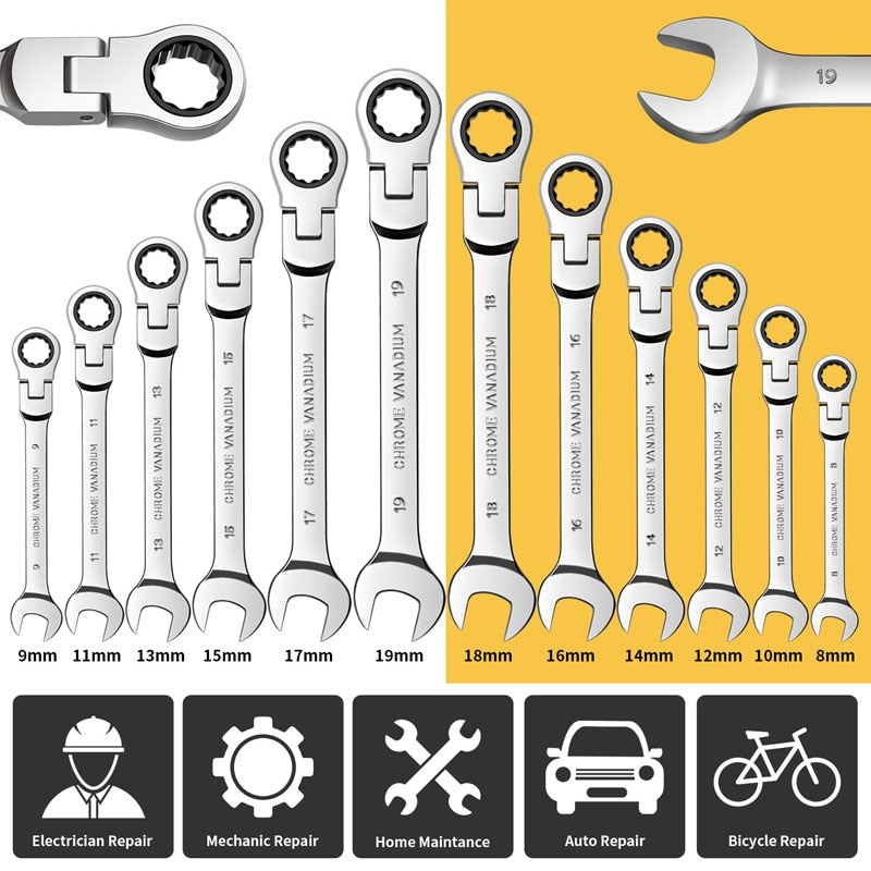 Flex Head Ratcheting Wrench Set,Combination Ended Spanner kits, Chrome Vanadium Steel Hand Tools Socket Key Ratchet Wrench set