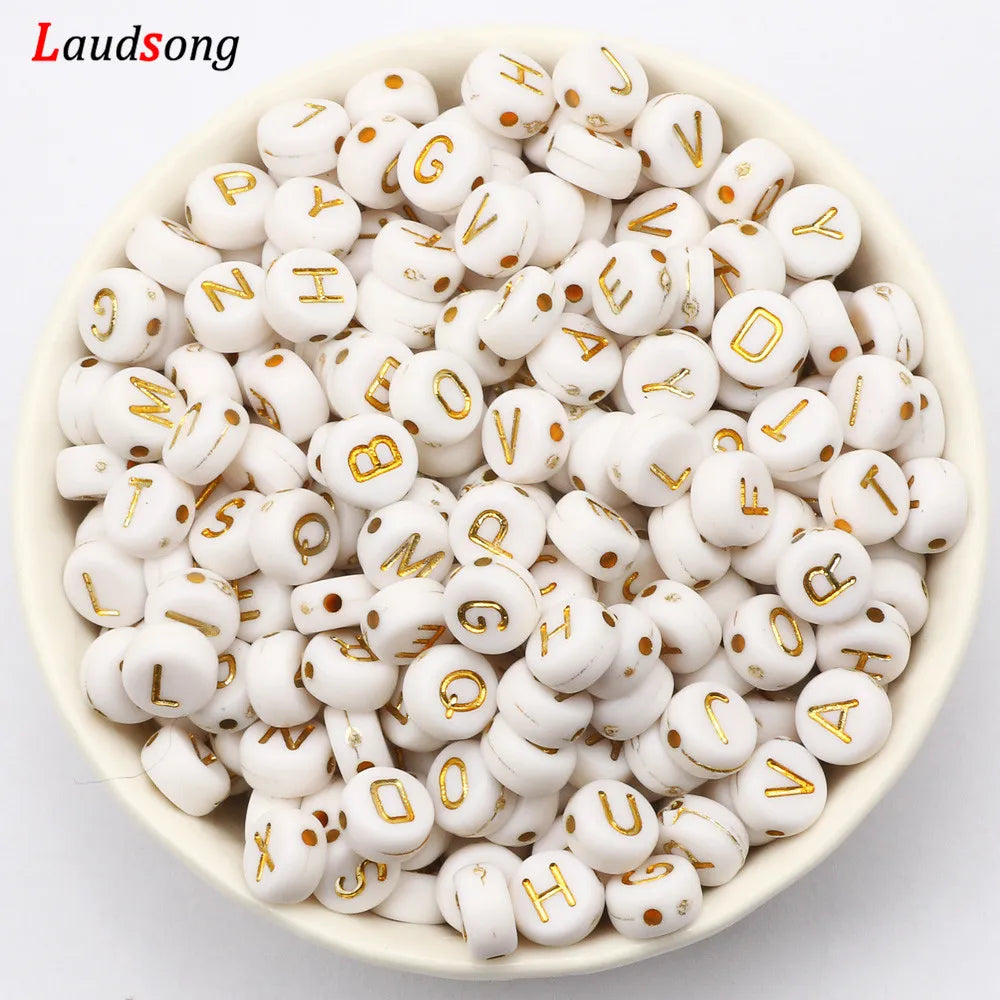 7mm White Gold Color Mix Letter Acrylic Beads Round Flat Alphabet Loose Beads For Jewelry Making Handmade Diy Bracelet Necklace