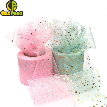 25Yards 6cm Star Tulle Confetti Glitter Mesh Baking Cake Topper Tutu Pom Bow Soft Squine Organza DIY Wedding Birthday Decoration