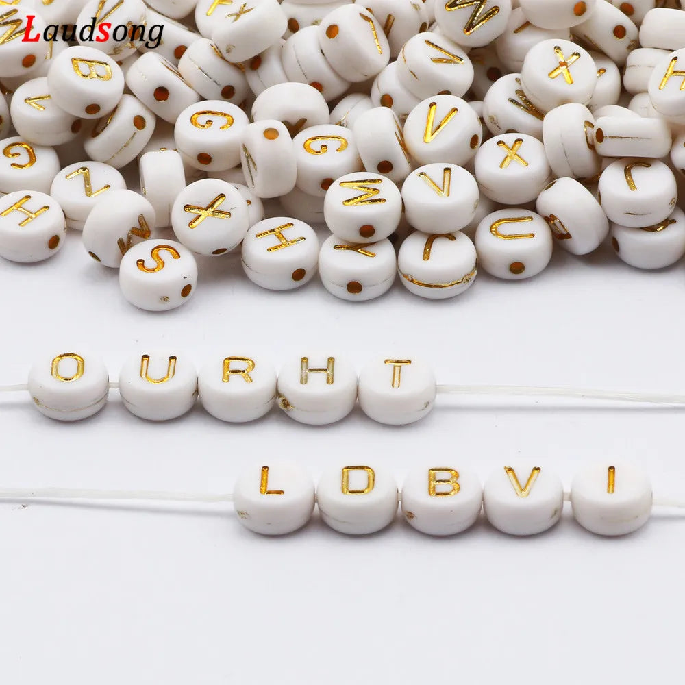 7mm White Gold Color Mix Letter Acrylic Beads Round Flat Alphabet Loose Beads For Jewelry Making Handmade Diy Bracelet Necklace