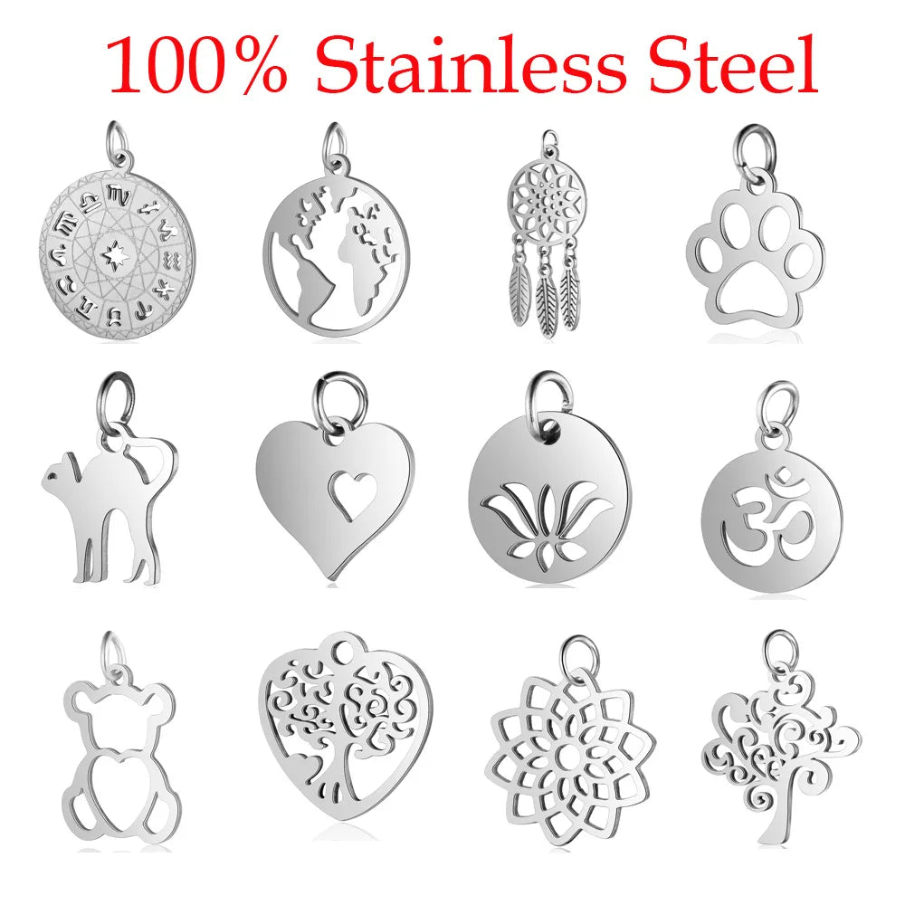 5pcs/lot 316 Stainless Steel Dog Paw Cat Animal Charm Wholesale Sun Om Connector Yoga Lotus Heart DIY Charms for Jewelry Making