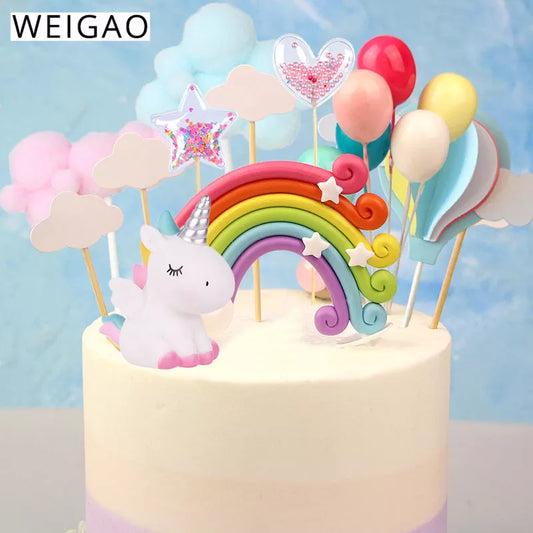 WEIGAO Rainbow Cake Toppers Unicorn Cloud Egg Balloon Cake Flags Decor Kids Birthday Party Cupcake Topper Wedding Unicorn Party