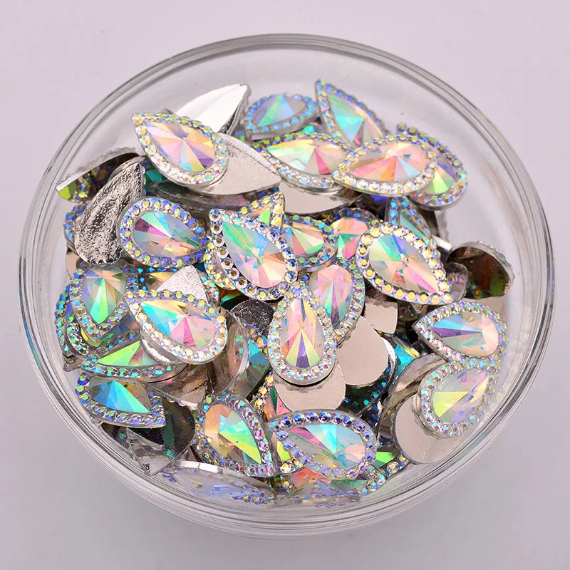 JUNAO 13*18mm 16*30mm Crystal AB Drop Rhinestones Applique Flaback Resin Gems Non hotfix Crystal Stones DIY Diamond Strass