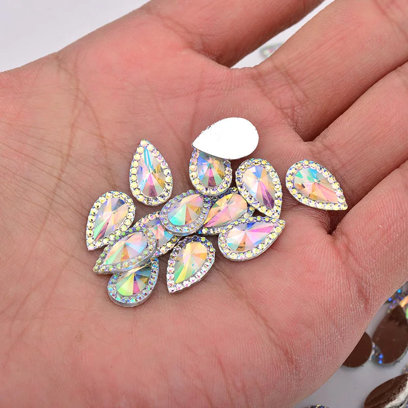 JUNAO 13*18mm 16*30mm Crystal AB Drop Rhinestones Applique Flaback Resin Gems Non hotfix Crystal Stones DIY Diamond Strass