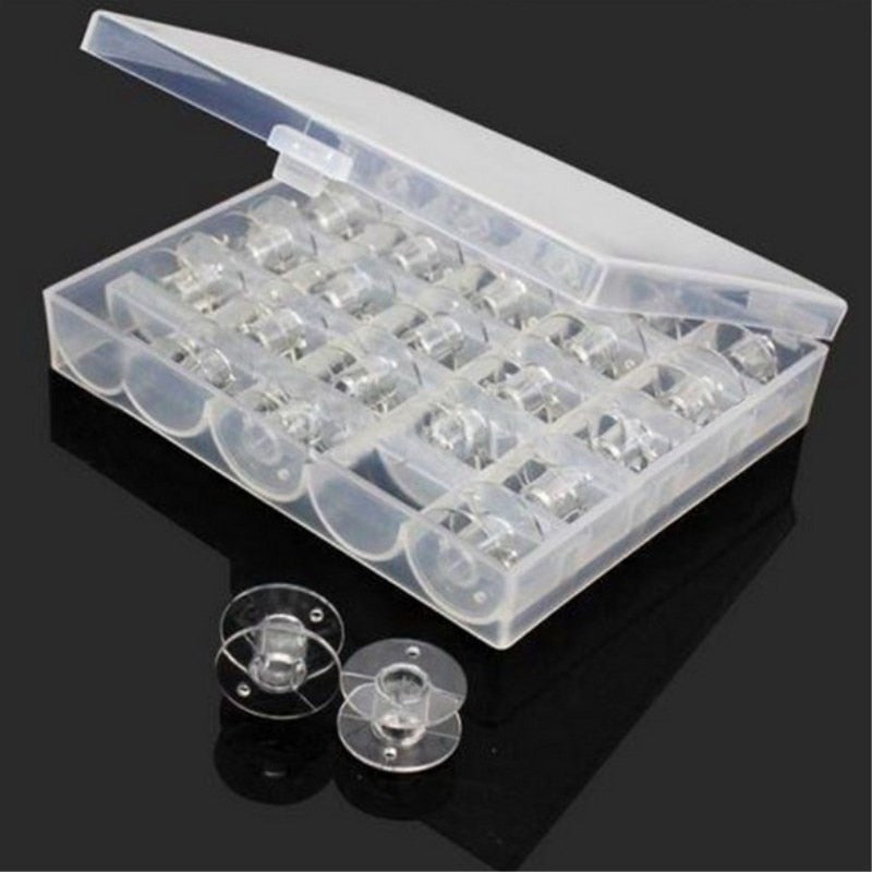 25Pcs Empty Bobbins Sewing Machine Spools Clear Plastic with Case Storage Box