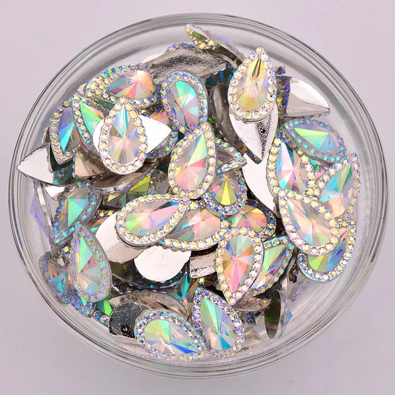 JUNAO 13*18mm 16*30mm Crystal AB Drop Rhinestones Applique Flaback Resin Gems Non hotfix Crystal Stones DIY Diamond Strass