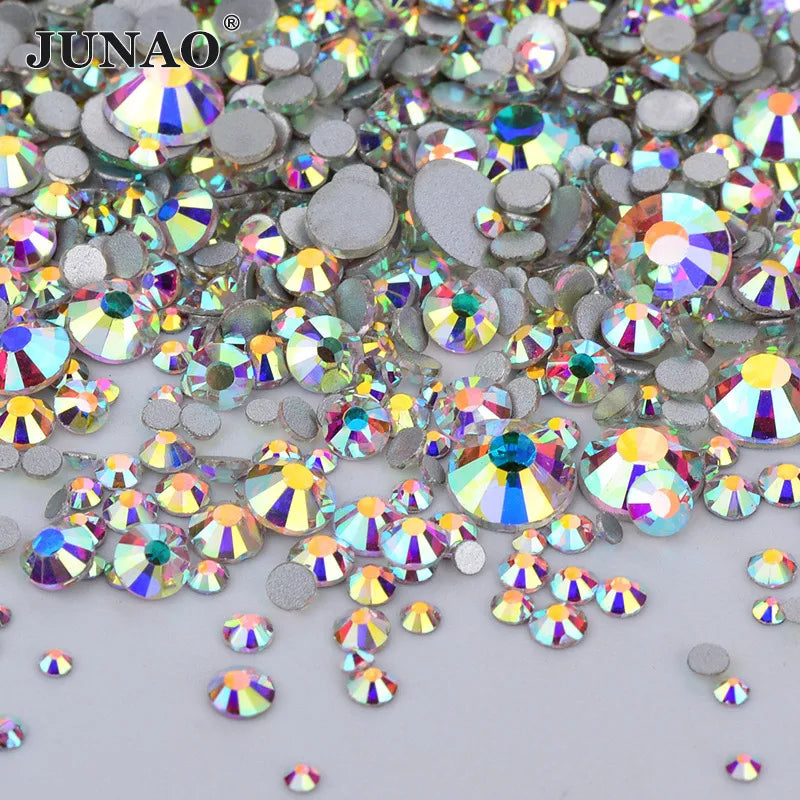 JUNAO 1400pc Mix Size Shiny AB Crystals Glass Nail Rhinestone Flatback Stone Decoration Nail Sticker Non Hot Fix Strass Ongle