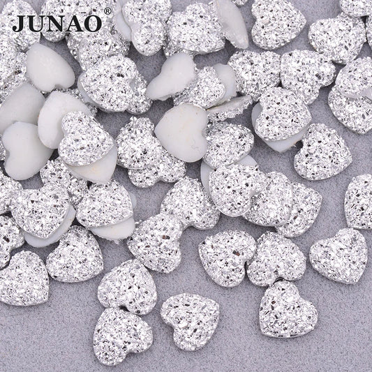 JUNAO 12mm 100pcs Glitter Silver Heart Rhinestone Applique Flatback Crystal Stones Resin Gems Non Hotfix Strass for Decoration