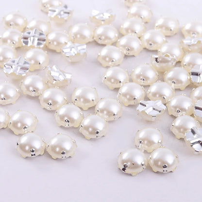 RESEN 5/6/7/8/10mm White Sewing Pearl Beads Sew On Rhinestones with Silver/Gold Claw Flatback Half Round Pearl for Craft Garment