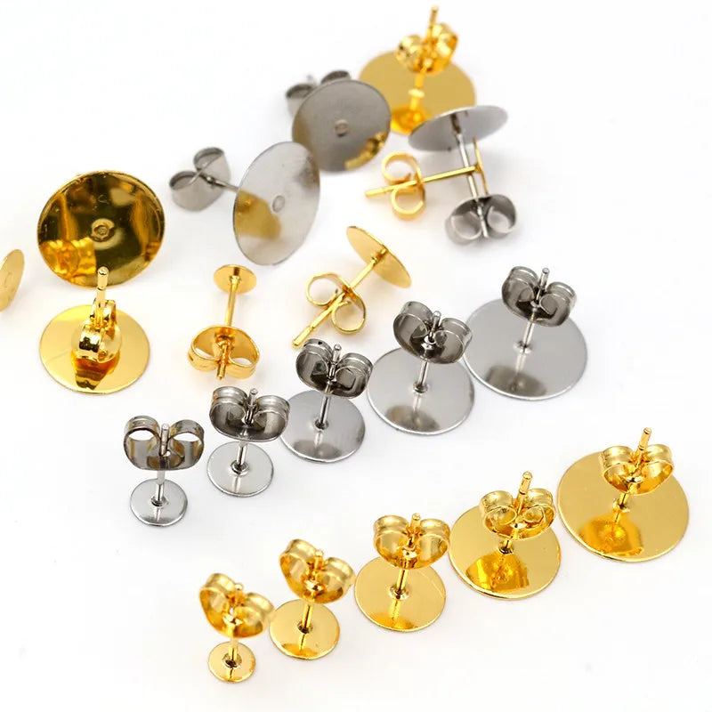 50-100pcs/lot Gold Stainless Steel Earring Studs Blank Post Base Pins With Earring Plug Findings Ear Back For DIY Jewelry Making