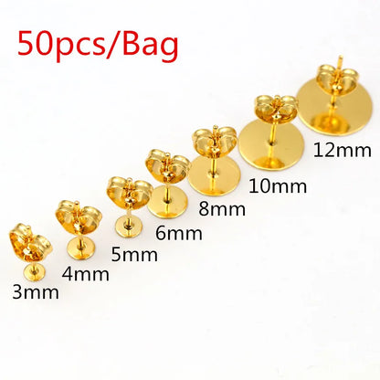 50-100pcs/lot Gold Stainless Steel Earring Studs Blank Post Base Pins With Earring Plug Findings Ear Back For DIY Jewelry Making