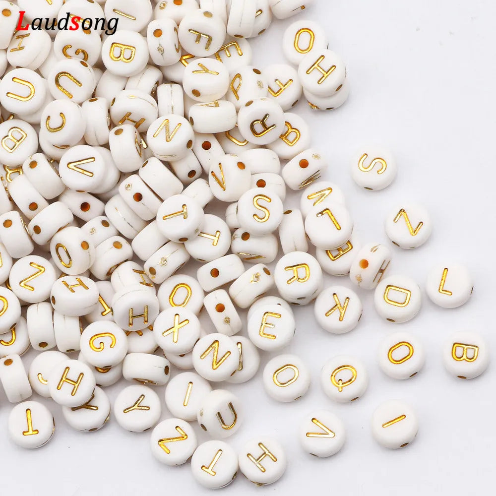 7mm White Gold Color Mix Letter Acrylic Beads Round Flat Alphabet Loose Beads For Jewelry Making Handmade Diy Bracelet Necklace