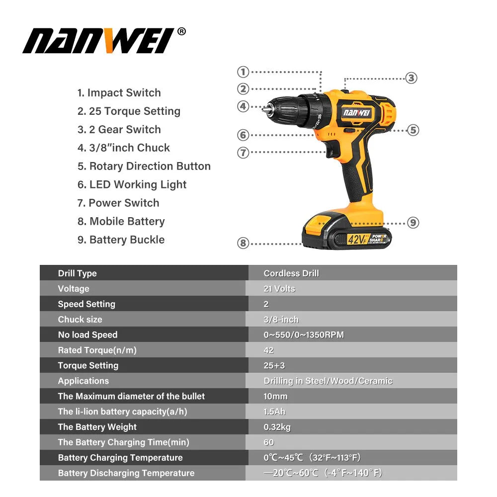 Impact Cordless Electric Screwdriver Drill