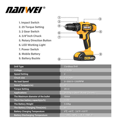 Impact Cordless Electric Screwdriver Drill