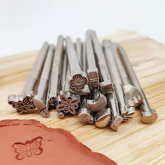 Pottery Stamps for Embossing Leather Tools Stainless Steel Flowers Punch DIY Ceramic Manual Stamp Printing Mold Set