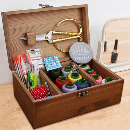 Multifunctional Home Sewing Box Pine Wooden Sewing Box Household Vintage Needle Thread Storage Case Organizer