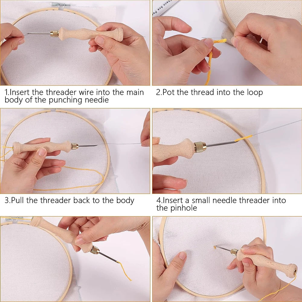 Punch Needle Starter Kit with Embroidery Hoop Adjustable Needle Punch & Tufting Cloth for Beginner Embroidery Floss Cross Stitch