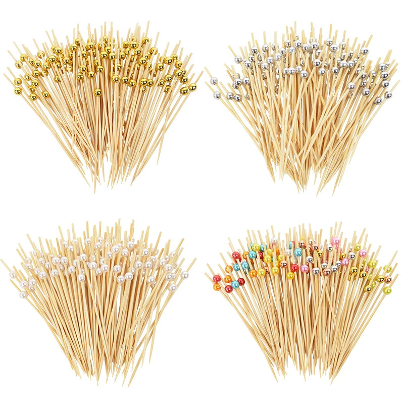 100Pcs White Pearl Bamboo Food Fruit Picks Wedding Party Disposable Cake Dessert Cocktail Sticks Buffet Cupcake Toothpick Skewer