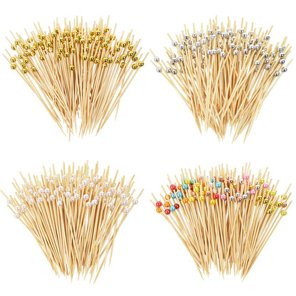 100Pcs White Pearl Bamboo Food Fruit Picks Wedding Party Disposable Cake Dessert Cocktail Sticks Buffet Cupcake Toothpick Skewer