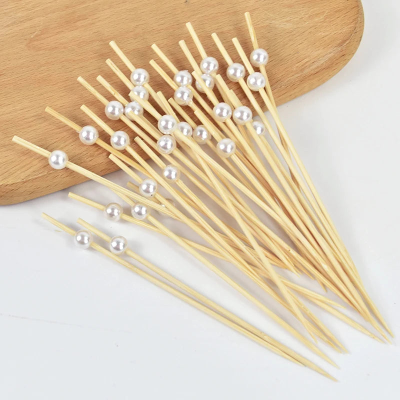 100Pcs White Pearl Bamboo Food Fruit Picks Wedding Party Disposable Cake Dessert Cocktail Sticks Buffet Cupcake Toothpick Skewer