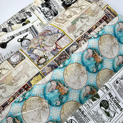 Newspaper Fabric Map Retro Vintage Digital Printed for Handmade DIY Sewing Accessories