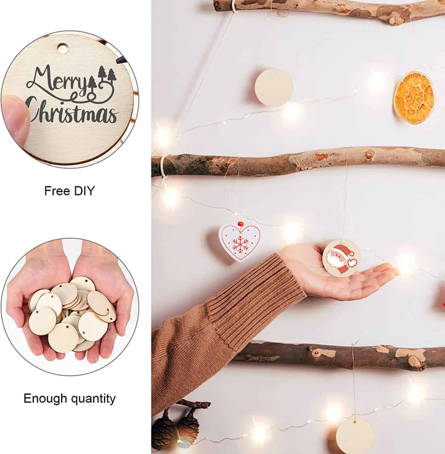 10-50Pcs Natural Wood Slices Unfinished Round Circles Wood Slices With Hole Discs Blank Craft Wedding Christmas Paintting Decor