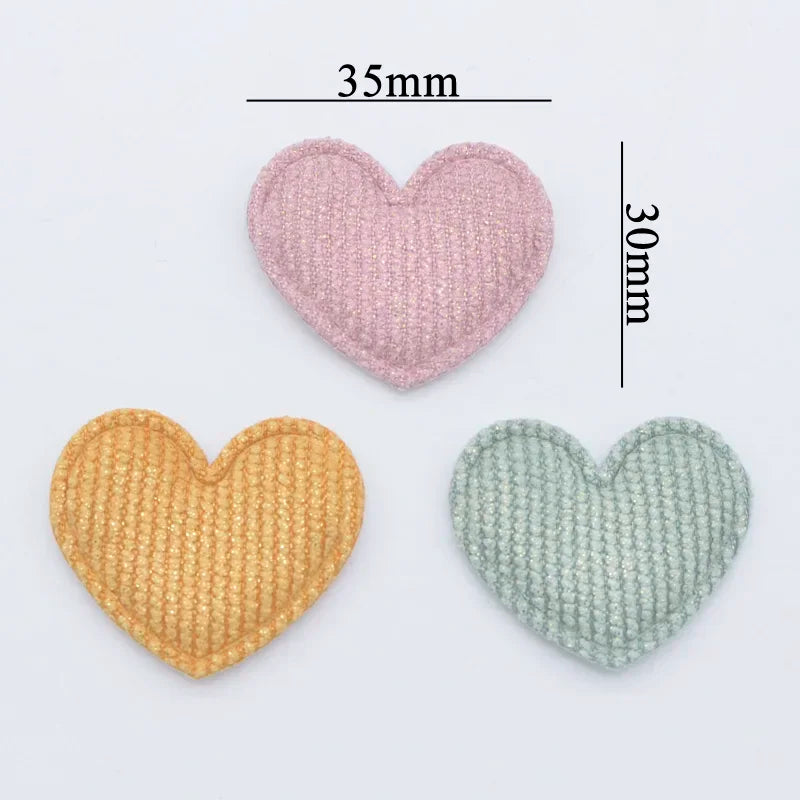 50Pcs/lot 35*30mm Padded Glitter Cloth Heart Appliques for DIY Hat Clothes Leggings Sewing Supplies Headwear Decor Patches