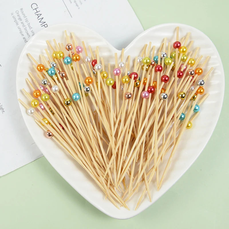 100Pcs White Pearl Bamboo Food Fruit Picks Wedding Party Disposable Cake Dessert Cocktail Sticks Buffet Cupcake Toothpick Skewer