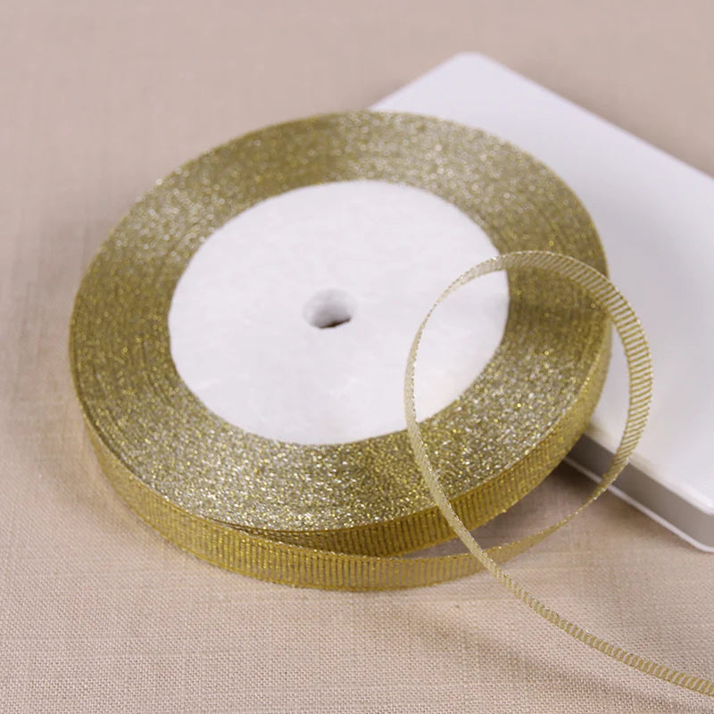 25Yards 6mm Silver Gold Glitter Silk Satin Ribbon Party Home Wedding Decoration Gift Wrapping Christmas Halloween DIY Material