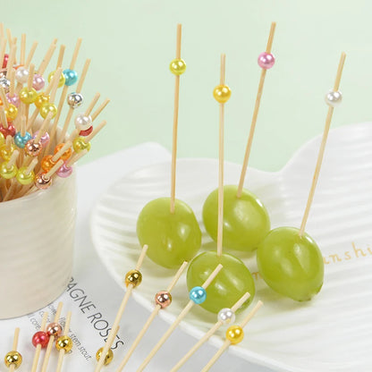 100Pcs White Pearl Bamboo Food Fruit Picks Wedding Party Disposable Cake Dessert Cocktail Sticks Buffet Cupcake Toothpick Skewer