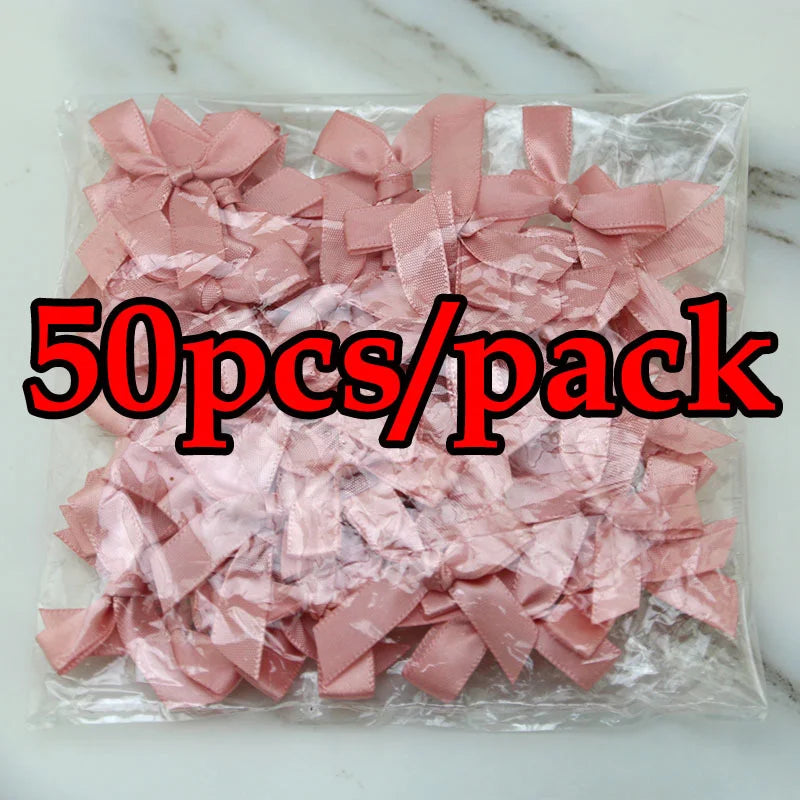 (50 Pcs) 4cm*4cm Fresh Pink Ribbon Bows Small Size Polyester Satin Ribbon Bow Flower Handwork DIY Craft Decoration