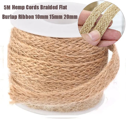 5M Hemp Cords Braided Flat Burlap Ribbon 10mm 15mm 20mm Nature Jute Rope Twine Webbing DIY Wedding Decoration Ribbons Crafts