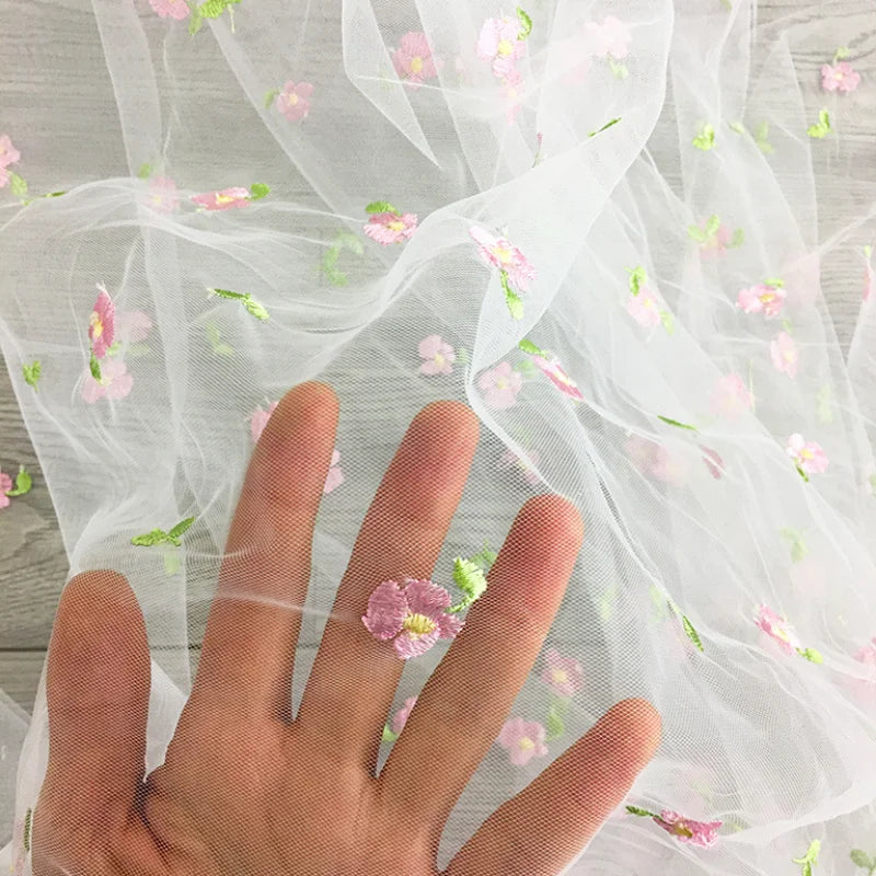 165x45cm Small Pink Flower Embroidered Mesh Fabric For Girls Princess Dress Tulle Handmade DIY Clothing Decoration Fabric TJ9656