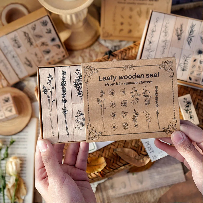 22 Pcs/set Wood Mounted Rubber Stamps Plant And Flower Decorative Wooden Rubber Stamp Set For Diy Craft Diary Craft Scrapbooking