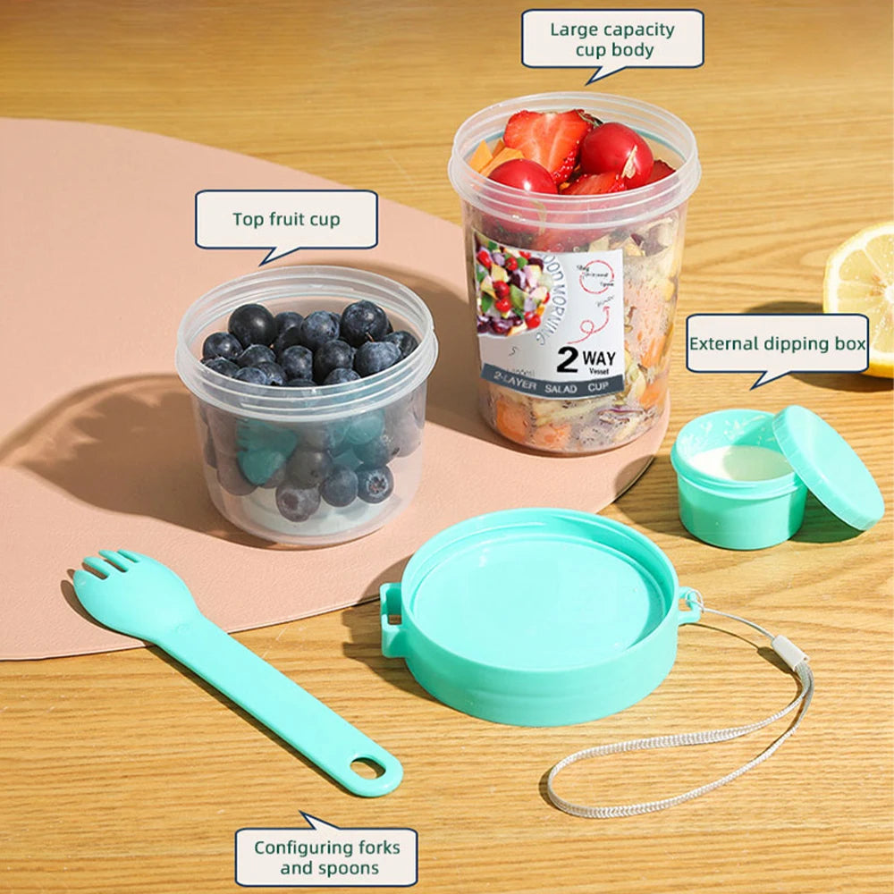 Portable Breakfast Salad Cup Cereal Nut Yogurt Container Reduced Vegetable Fruit Cup Lid Spoon Two-layers Oatmeal Lunch Box