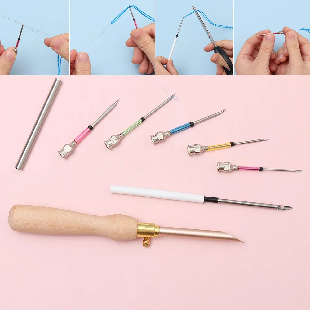 1-17Pcs Punch Needle Tool Kit Embroidery Stitching Punch Needle & Needle Threader Embroidery Poking Cross Stitch Tools Knitting