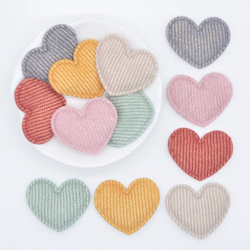 50Pcs/lot 35*30mm Padded Glitter Cloth Heart Appliques for DIY Hat Clothes Leggings Sewing Supplies Headwear Decor Patches