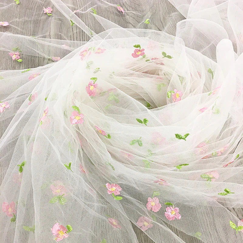 165x45cm Small Pink Flower Embroidered Mesh Fabric For Girls Princess Dress Tulle Handmade DIY Clothing Decoration Fabric TJ9656