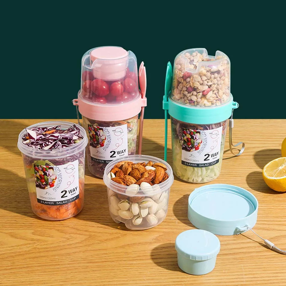 Portable Breakfast Salad Cup Cereal Nut Yogurt Container Reduced Vegetable Fruit Cup Lid Spoon Two-layers Oatmeal Lunch Box