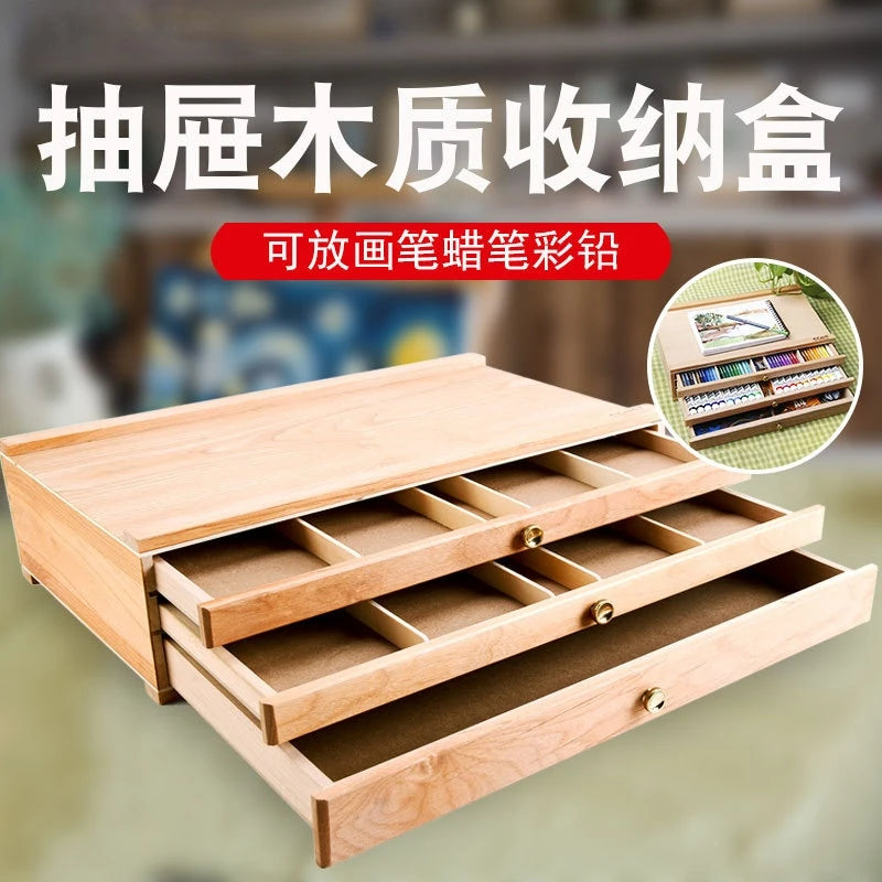 40.9x25.9cm Desktop Easel Wooden Storage Painting Box 3-layer Drawer Portable Oil Painting Box Sketch Pencil Tool Box