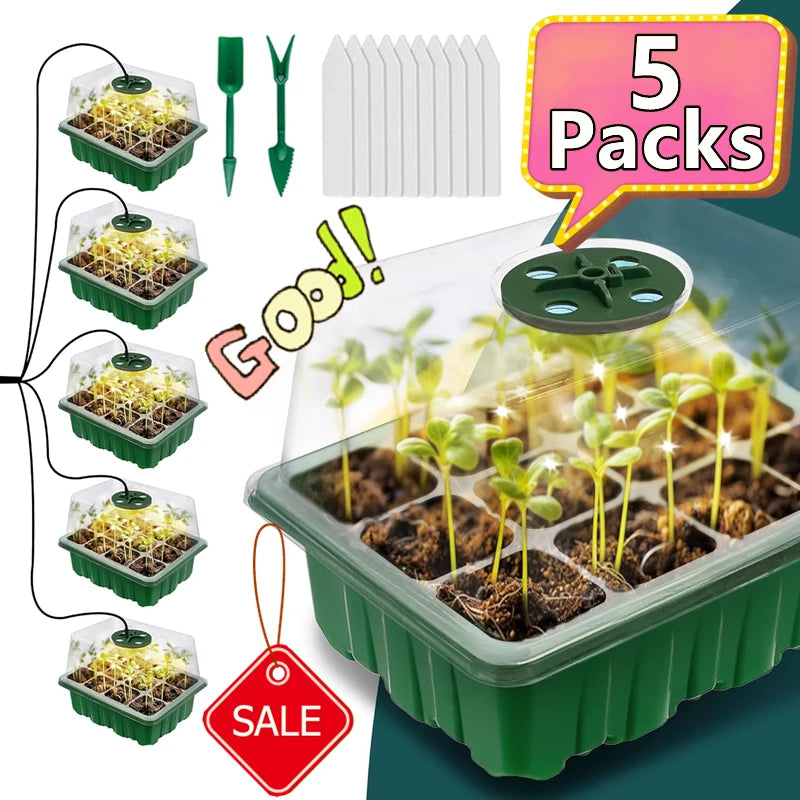 Seed Starter Trays with Grow Light 5 Packs Seeding Starter Kits Humidity Domes Cover Indoor Gardening Plant Germination Trays