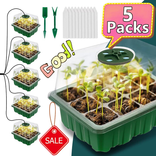 Seed Starter Trays with Grow Light 5 Packs Seeding Starter Kits Humidity Domes Cover Indoor Gardening Plant Germination Trays